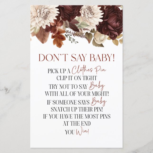 Burgundy Floral Flowers Don't Say Baby Shower Game (Front)