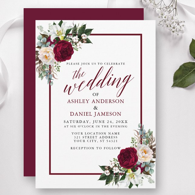 Burgundy Floral Frame Greenery Calligraphy Wedding Invitation (Customize to change text color, style, add text & photos to back or change color of back of card.)
