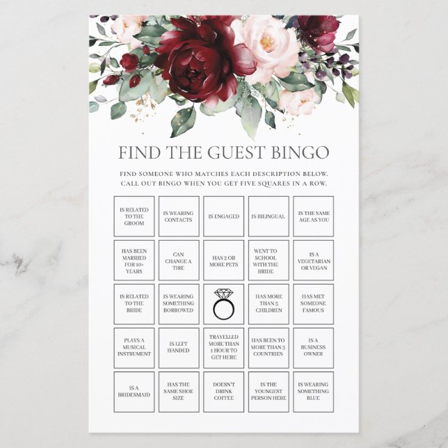 Burgundy Floral Fun Bridal Find the Guest Bingo  (Front)