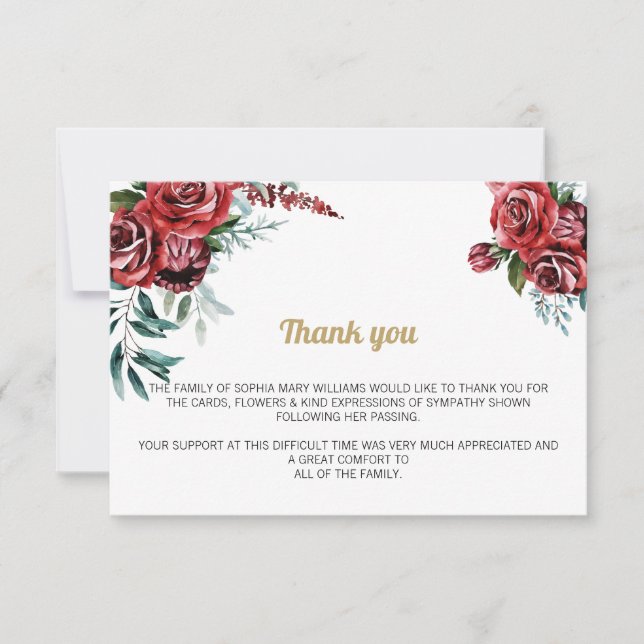 Burgundy Floral Funeral Thank You Note (Front)