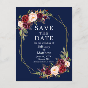 Burgundy Floral Geo Frame Blue Save the Date Postcard