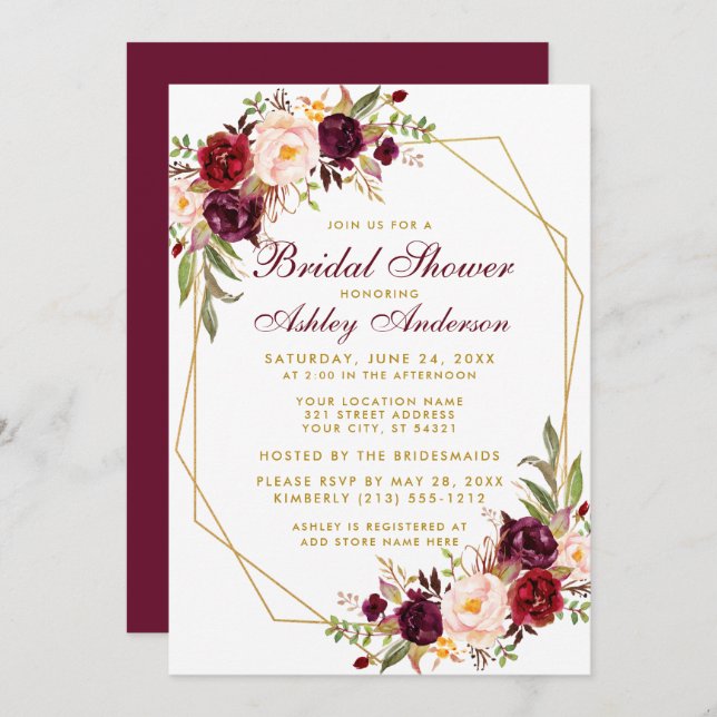 Burgundy Floral Geometric Gold Bridal Shower Invitation (Front/Back)