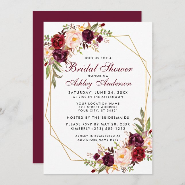 Burgundy Floral Geometric Gold Frame Bridal Shower Invitation (Front/Back)