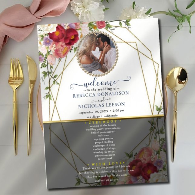 Burgundy Floral Geometric Gold Wedding Program (Creator Uploaded)
