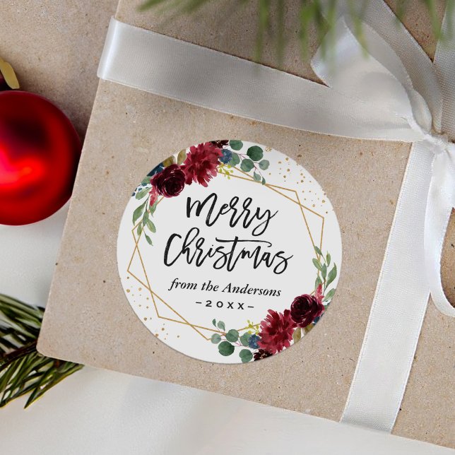 Burgundy Floral Geometric Merry Christmas Holiday Classic Round Sticker (Creator Uploaded)