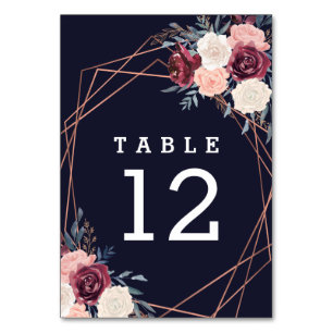 Burgundy Floral Geometric Midnight Navy Wedding Table Number