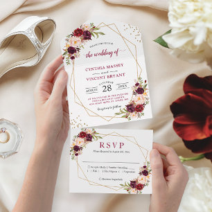 Burgundy Floral Geometric (No ENV needed) Wedding  All In One Invitation
