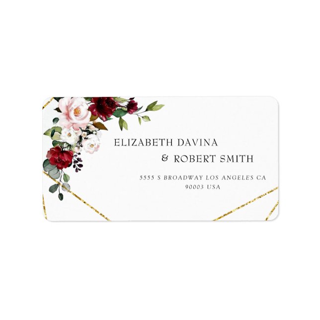 Burgundy Floral Geometric Romantic Watercolor Label (Front)