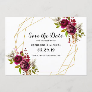 Burgundy floral geometric save the date invitation
