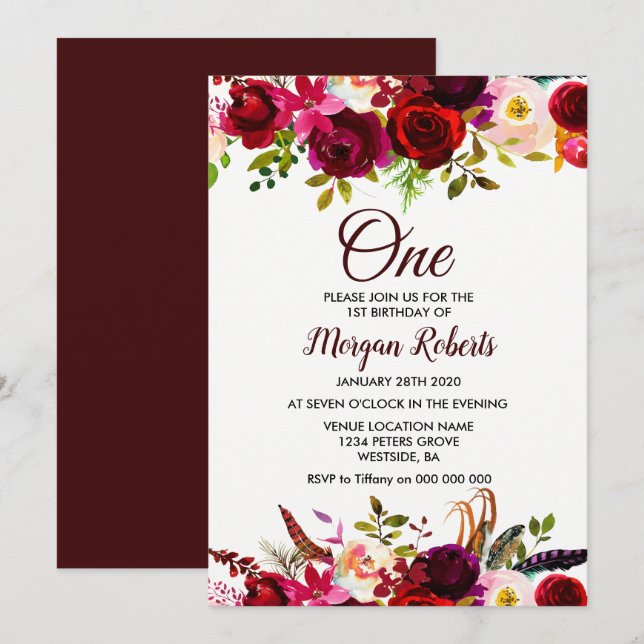 Burgundy Floral Girls 1st Birthday Party Invite (Front/Back)
