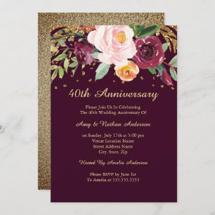 Burgundy Floral Glitter 40th Wedding Anniversary Invitation