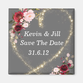 burgundy floral & glitter heart, save the date  magnet