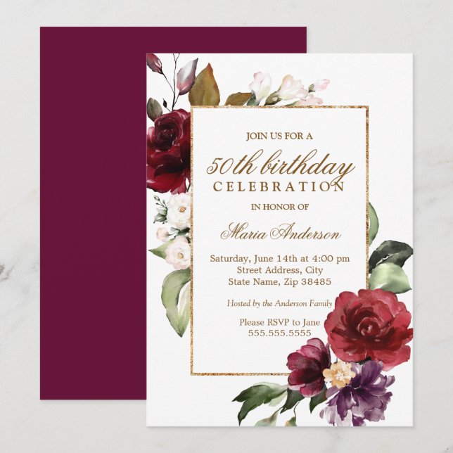 Burgundy Floral Gold 50th Birthday Party Invitation (Front/Back)