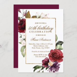 Burgundy Floral Gold 50th Birthday Party Invitation