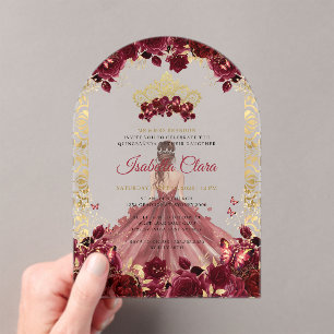Burgundy Floral Gold Arch Princess Quinceanera Acrylic Invitations