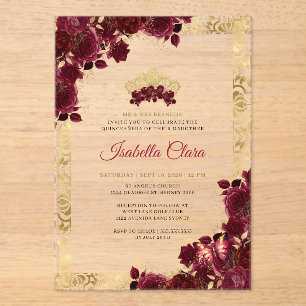 Burgundy Floral Gold Arch Quinceanera Acrylic Invitations