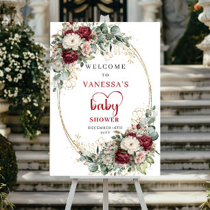 Burgundy Floral Gold Baby Shower Welcome Sign