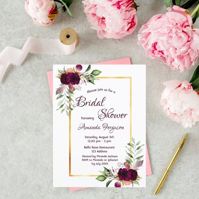 Burgundy floral gold boho bridal shower invitation postcard (Creator Uploaded)