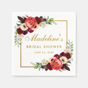 Burgundy Floral Gold Boho Bridal Shower Napkin