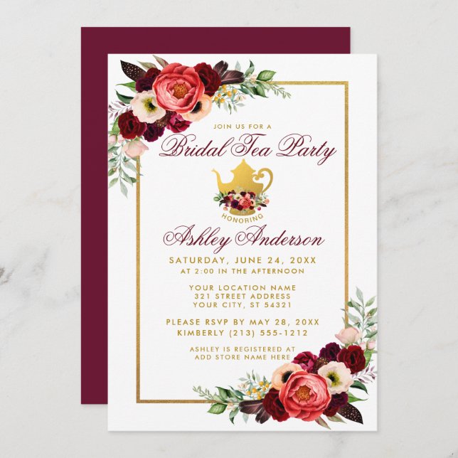 Burgundy Floral Gold Boho Bridal Shower Tea Party Invitation (Front/Back)