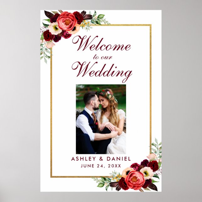 Burgundy Floral Gold Boho Wedding Welcome Photo Poster (Front)