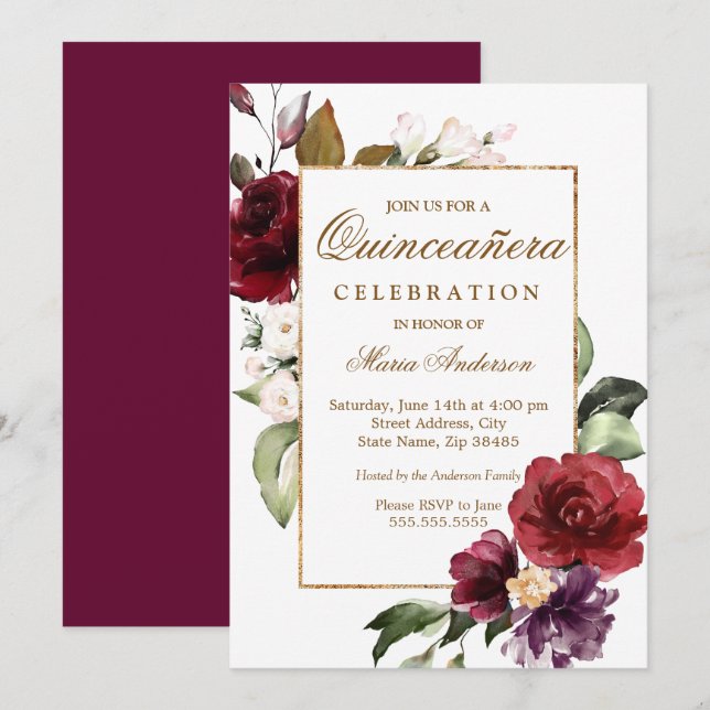 Burgundy Floral Gold Border Quinceanera Party Invitation (Front/Back)
