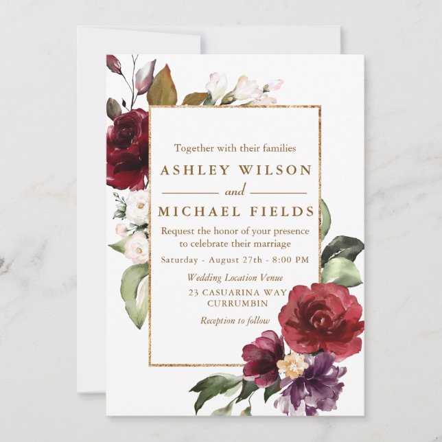 Burgundy Floral Gold Border Watercolor Wedding Invitation (Front)