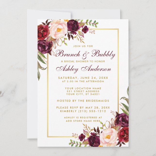 Burgundy Floral Gold Bridal Shower Brunch Invite (Front)