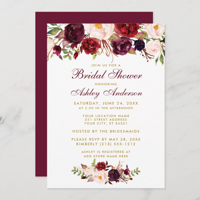 Burgundy Floral Gold Bridal Shower Invitation BB (Front/Back)