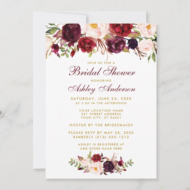 Burgundy Floral Gold Bridal Shower Invitation BW (Front)