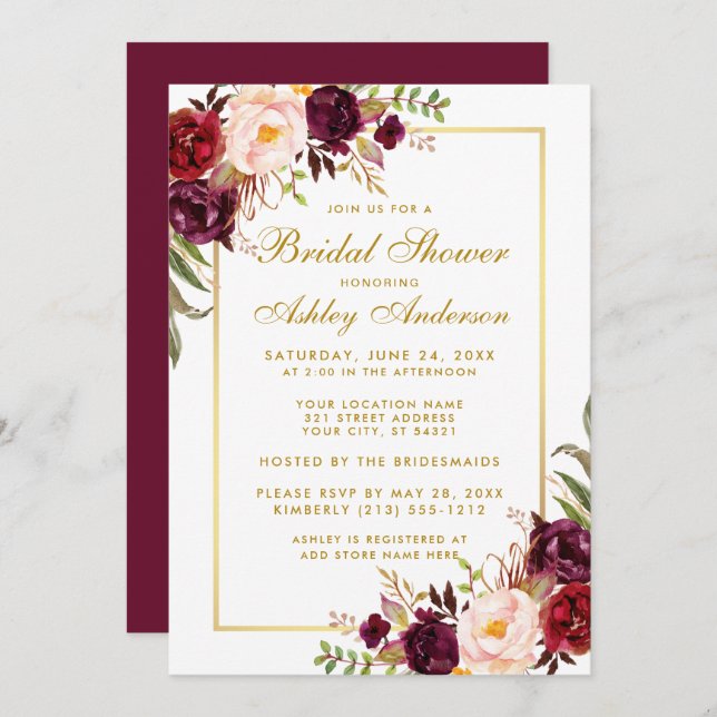 Burgundy Floral Gold Bridal Shower Invitation GB (Front/Back)