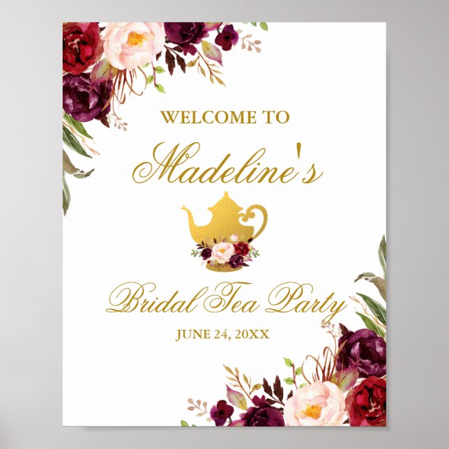 Burgundy Floral Gold Bridal Shower Tea Welcome Poster (Front)