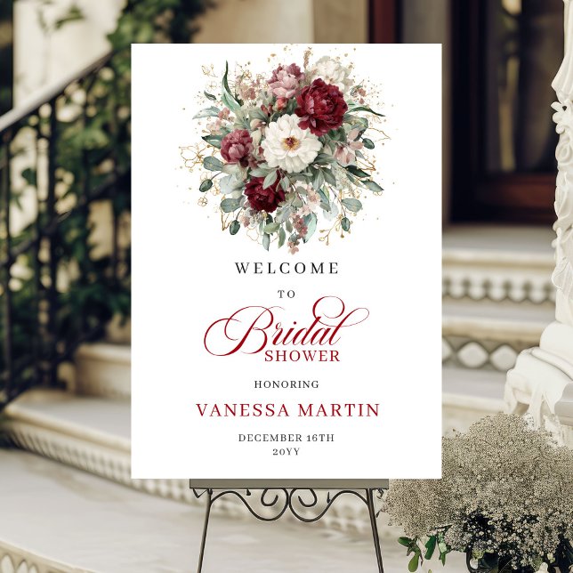 Burgundy Floral Gold Bridal Shower Welcome Poster (Burgundy Floral Gold Bridal Shower Welcome)