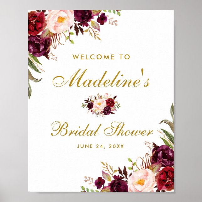 Burgundy Floral Gold Bridal Shower Welcome Poster (Front)