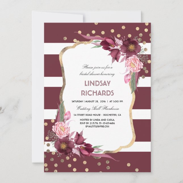 Burgundy Floral Gold Confetti Chic Bridal Shower Invitation (Front)