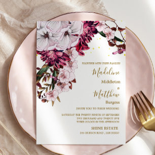 Burgundy  Floral Gold Elegant Chic Wedding Invitation
