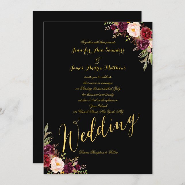 Burgundy Floral Gold Foil Black Wedding Invitation (Front/Back)