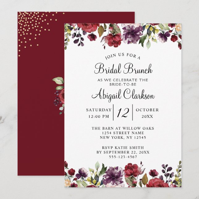 Burgundy Floral Gold Foil Bridal Brunch Shower Invitation (Front/Back)