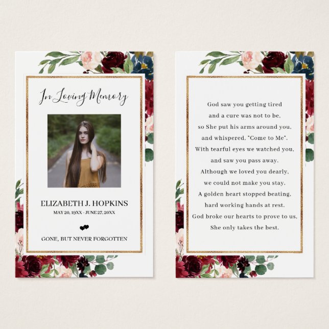Burgundy Floral Gold Foil Frame Photo Prayer Cards (Front & Back)