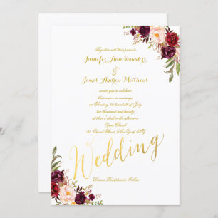 Burgundy Floral Gold Foil Script Wedding Invite