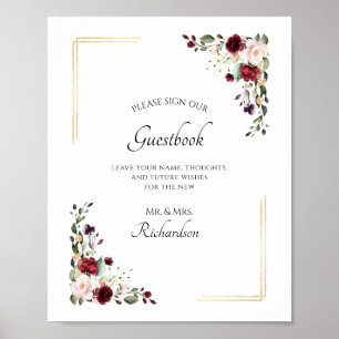 Burgundy Floral Gold Foil Sign Our Guestbook Sign
