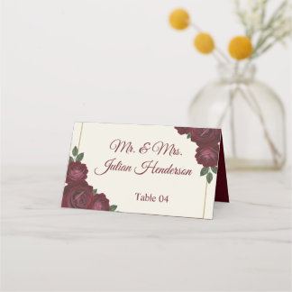 Burgundy Floral & Gold Folded Wedding Place Card