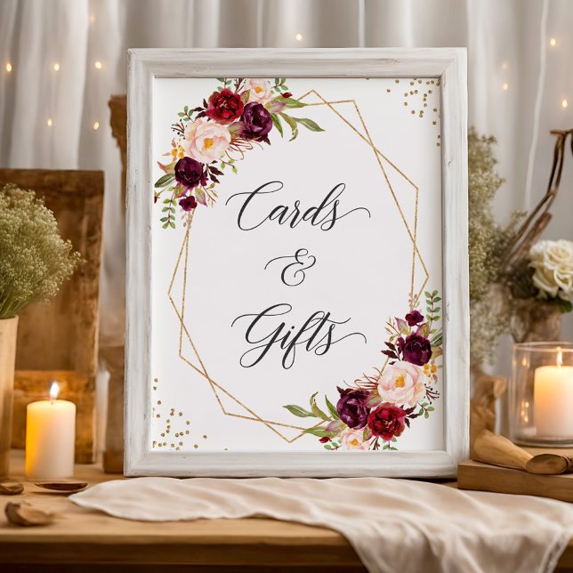 Burgundy Floral Gold Frame Cards and Gifts Sign (Creator Uploaded)