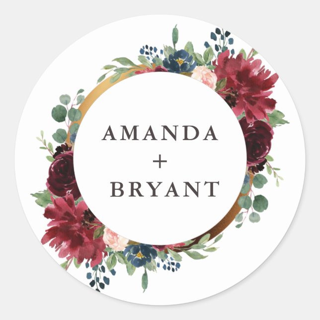Burgundy floral gold frame classic round sticker (Front)