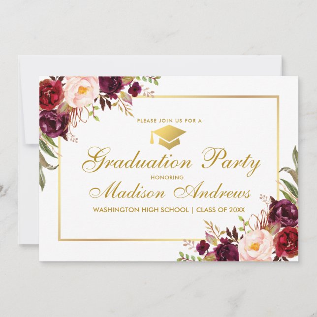 Burgundy Floral Gold Frame Graduation Party Invite (Front)