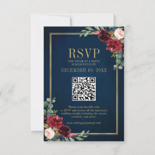 Burgundy Floral Gold Frame Navy Blue QR code RSVP