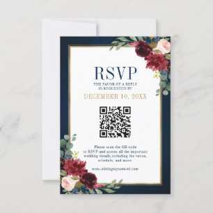 Burgundy Floral Gold Frame Navy Blue QR code RSVP