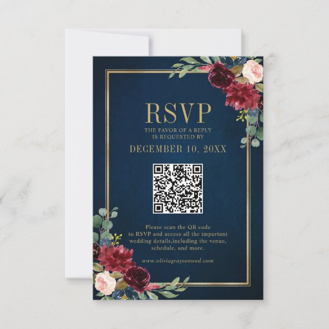 Burgundy Floral Gold Frame Navy Blue QR code RSVP Card (Front)