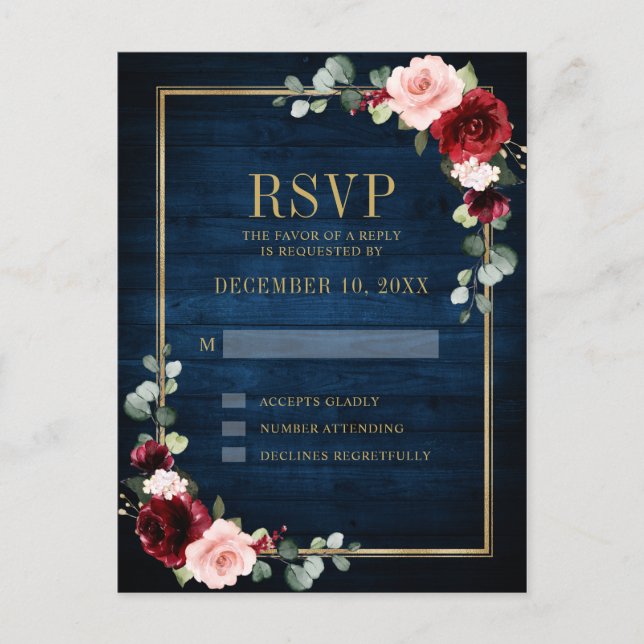 Burgundy Floral Gold Frame Navy Blue Wedding Postcard (Front)