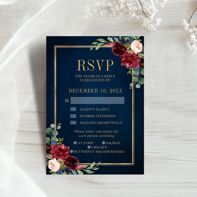 Burgundy Floral Gold Frame Navy Blue Wedding RSVP  (Burgundy Floral Gold Frame Navy Blue Wedding RSVP )